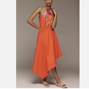 Yukiko Noritake x Anthropologie Asymmetric 3D Floral Midi Dress 4 NWT Orange